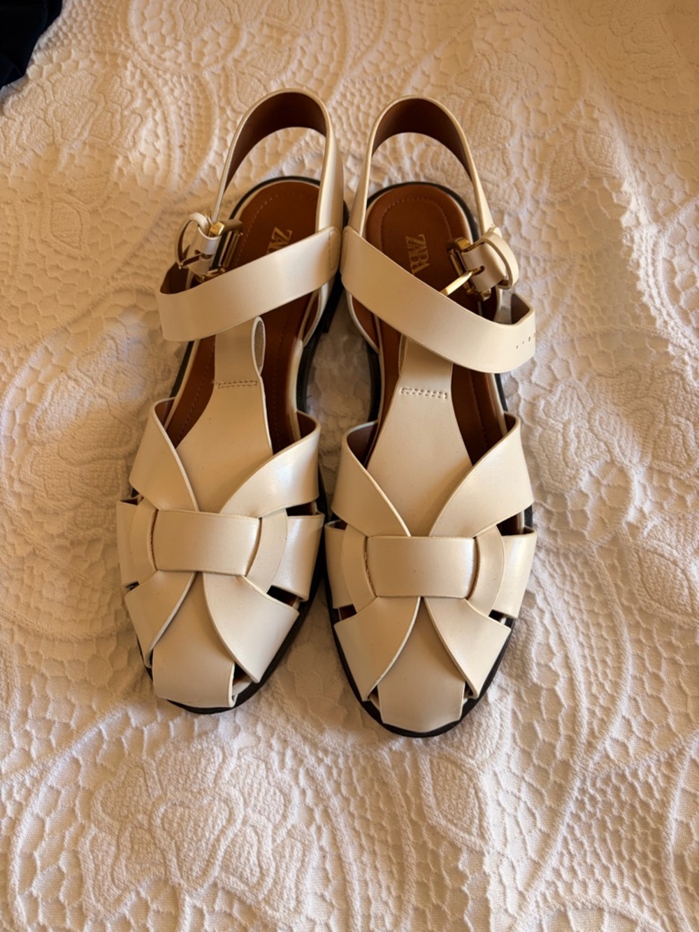 Zara Cream Woven Slingback Sandals with Gold Buckles